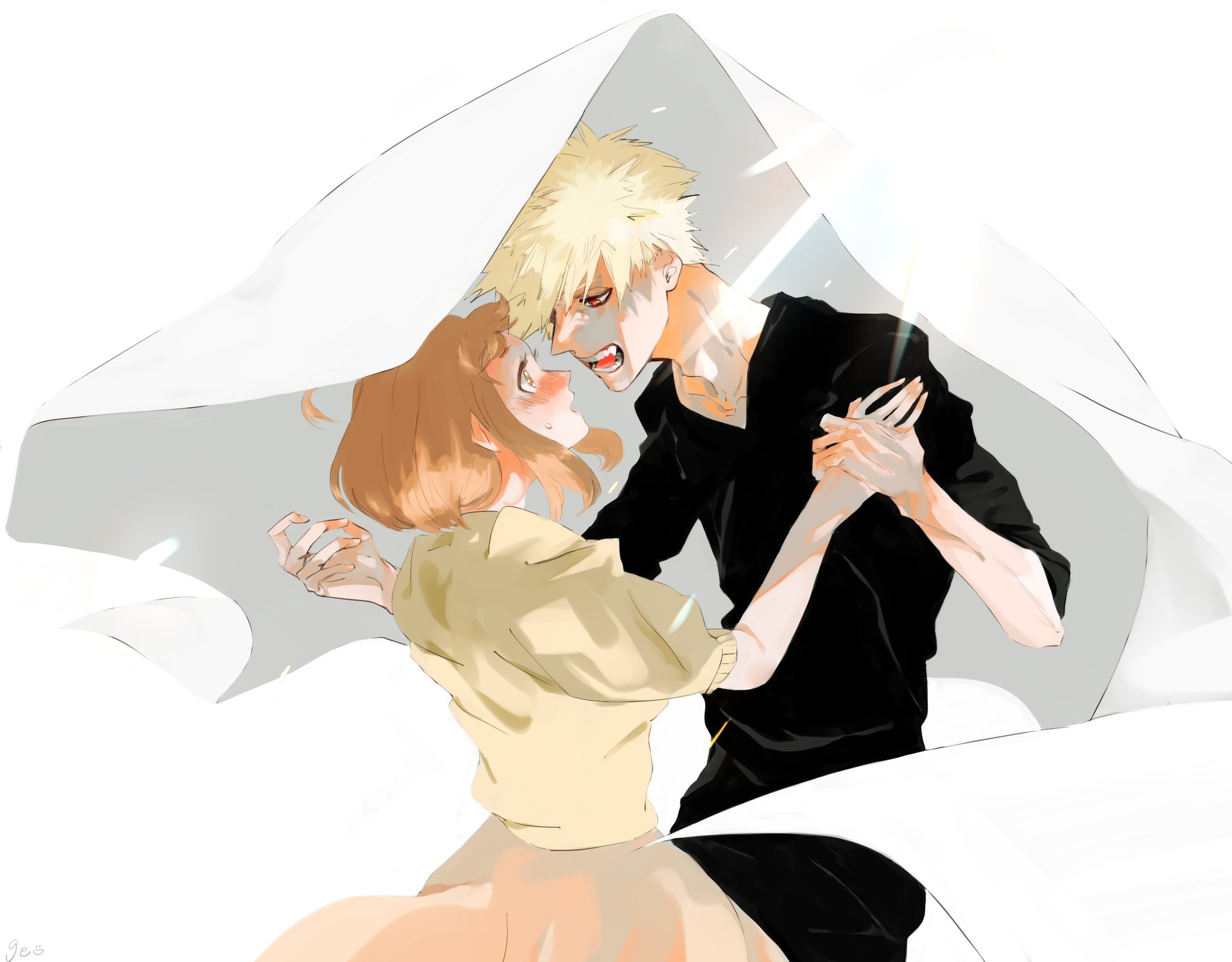mozukurinn, bakugou katsuki, uraraka ochako, boku no hero academia, highres, 1boy, 1girl, black pants, black shirt, blonde hair, blush, brown eyes, brown hair, brown skirt, couple, cowboy shot, hair between eyes, hetero, holding hands, pants, parted lips, puffy short sleeves, puffy sleeves, red eyes, sharp teeth, shirt, short bangs, short hair, short sleeves, skirt, spiked hair, sweatdrop, teeth, under covers, white background, yellow shirt