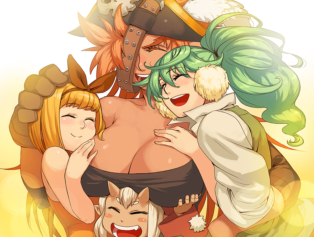 azusa (hws), elfriede bernstein, race (pixiv fantasia), pixiv fantasia, pixiv fantasia 3, 4girls, age difference, blonde hair, bow, breasts, child, cleavage, closed eyes, dark-skinned female, dark skin, gloves, green hair, hair bow, happy, hat, horns, hug, huge breasts, long hair, multiple girls, oni, pirate hat, red hair, short hair, white hair