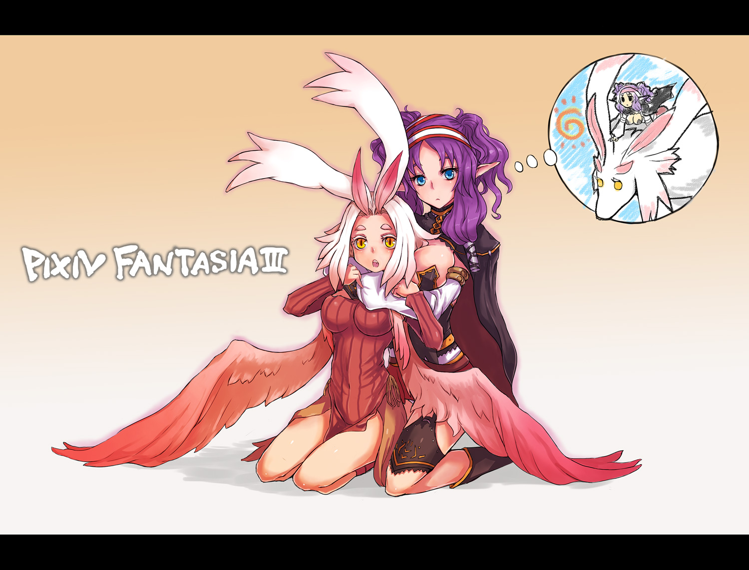 kara (color), cararina, pixiv fantasia, pixiv fantasia 3, 2girls, :o, animal ears, blue eyes, breasts, cape, gigandal federation, kneeling, large breasts, letterboxed, multiple girls, pointy ears, purple hair, white hair, wings, yellow eyes