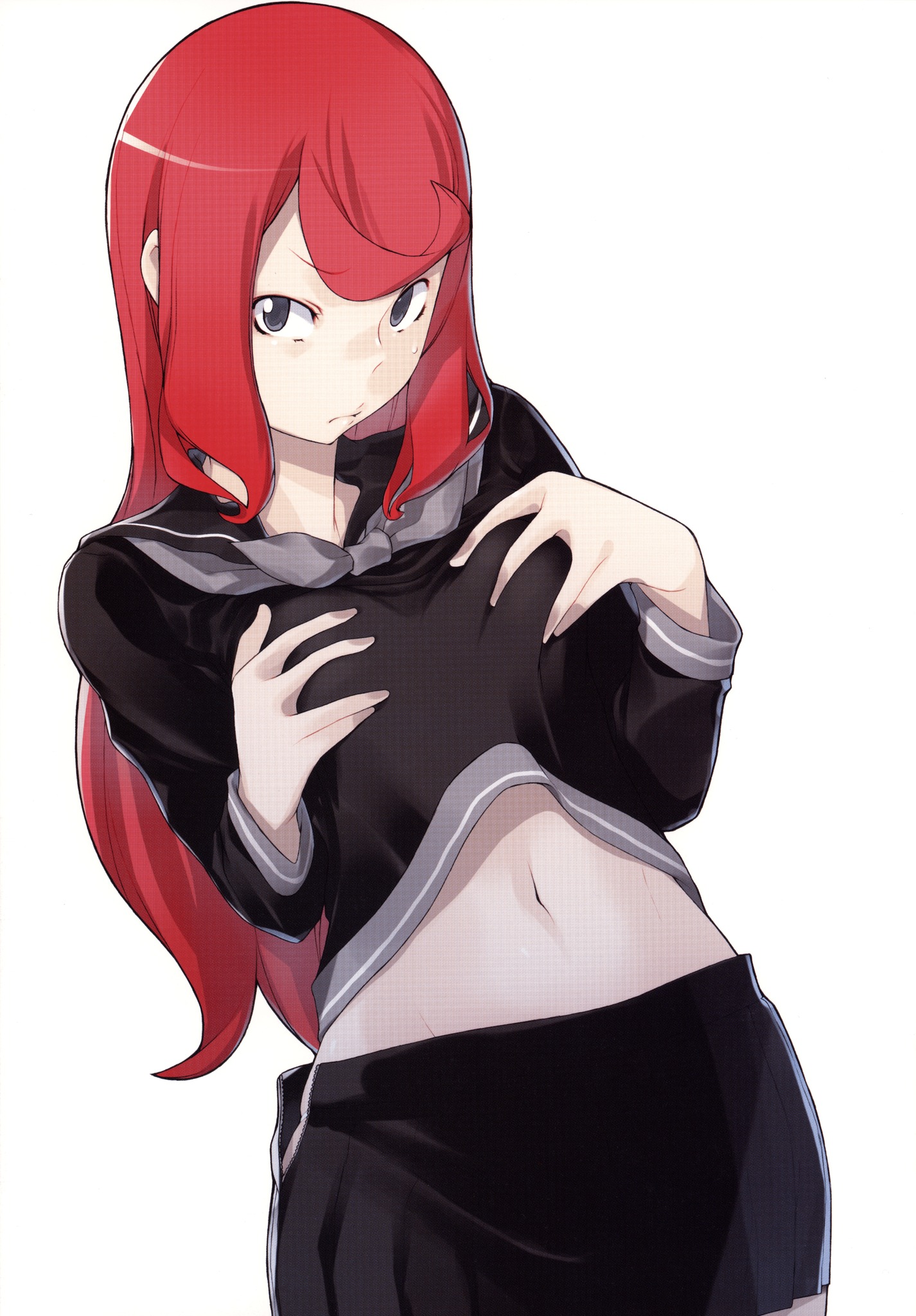 yasuda suzuhito, devil survivor (series), devil survivor 2, highres, official art, source request, tagme, 1girl, clothes lift, looking at viewer, navel, red hair, shorts, simple background, white background