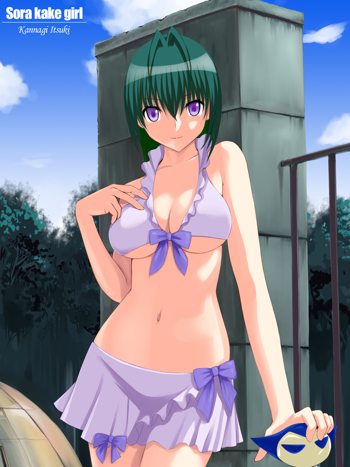 niwatori kokezou, kannagi itsuki, sora wo kakeru shoujo, bad id, bad pixiv id, 00s, bikini, breasts, cleavage, day, green hair, large breasts, midriff, miniskirt, navel, outdoors, purple eyes, ribbon, short hair, skirt, smile, solo, swimsuit, underboob