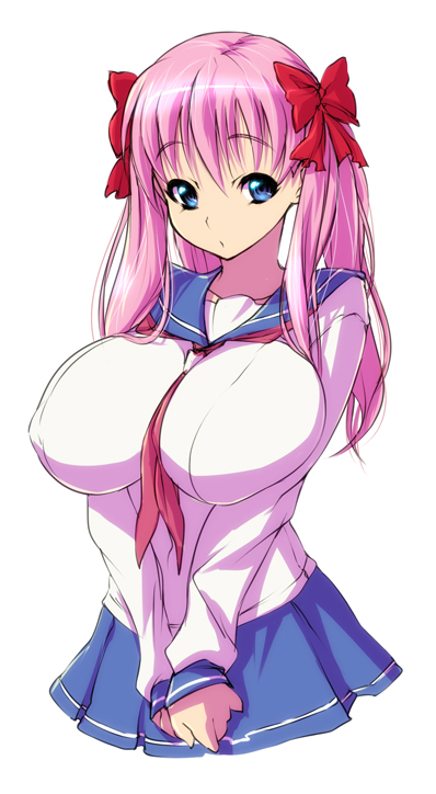 nekomamire, haramura nodoka, saki (manga), bad id, bad pixiv id, 00s, 1girl, :o, blue eyes, bow, breasts, female focus, hair bow, hair ornament, huge breasts, impossible clothes, impossible shirt, long hair, long sleeves, miniskirt, pink hair, pleated skirt, school uniform, serafuku, shirt, skirt, sleeves past wrists, solo, twintails