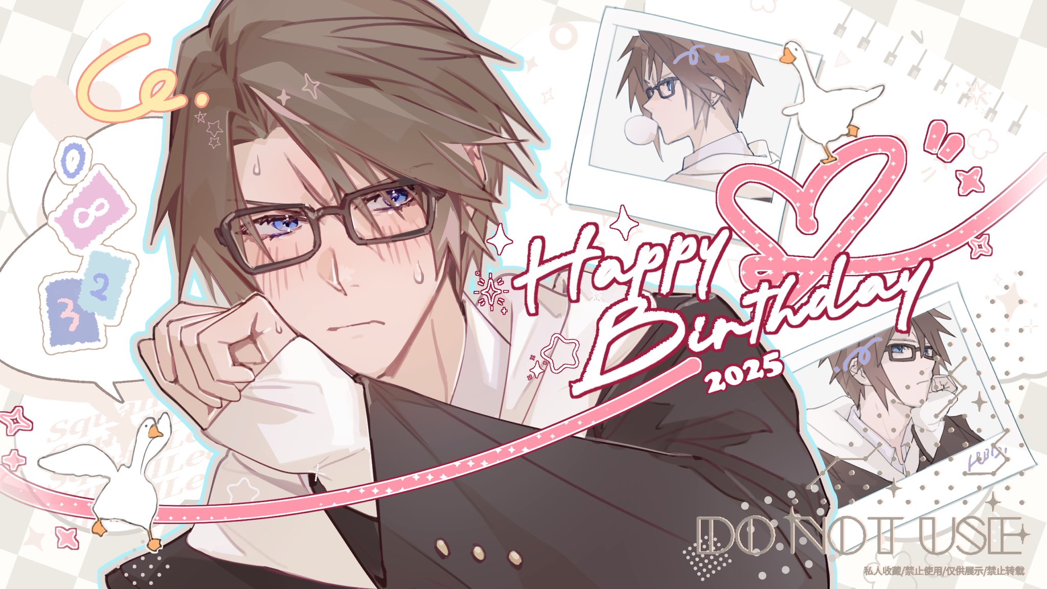 lily (shio1006), squall leonhart, final fantasy, final fantasy viii, commentary, commission, highres, 1boy, alternate costume, bird, black jacket, blue eyes, brown hair, character name, checkered background, collared shirt, dated, embarrassed, glasses, goose, grey background, grey outline, hand on own chin, hand up, heart, jacket, layered sleeves, light blush, long sleeves, looking to the side, male focus, outline, paper, polaroid photo, scar, scar on face, shirt, short hair, sparkle, speech bubble, star (symbol), sweat, upper body, watermark, white shirt
