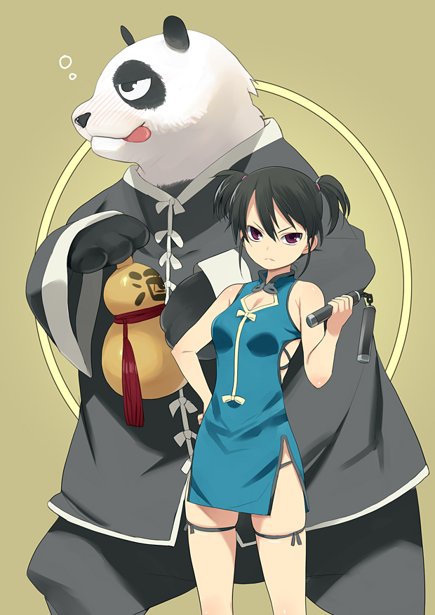 nora higuma, original, 1boy, 1girl, animal, black hair, brown eyes, china dress, chinese clothes, dress, drunk, legs, nunchaku, panda, serious, short hair, short twintails, twintails, weapon
