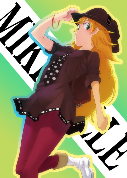 rison, hoshii miki, idolmaster, idolmaster (classic), idolmaster 1, 00s, 1girl, bag, blonde hair, boots, bracelet, casual, female focus, from below, green eyes, hat, jewelry, long hair, looking down, necktie, pantyhose, polka dot, polka dot shirt, shirt, solo