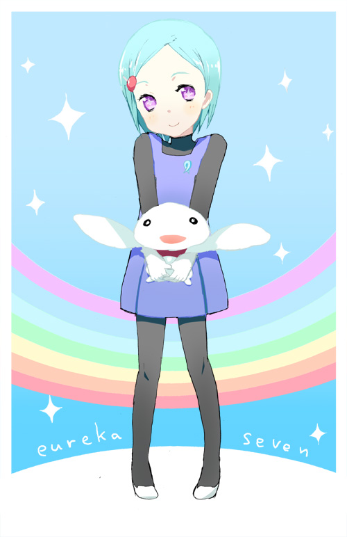 ecocube, eka eri, eureka (eureka seven), nirvash, eureka seven, eureka seven: pocket ga niji de ippai, eureka seven (series), bad id, bad pixiv id, 00s, 1girl, aqua hair, blush, child, female focus, pantyhose, pink eyes, rainbow, short hair, smile, solo