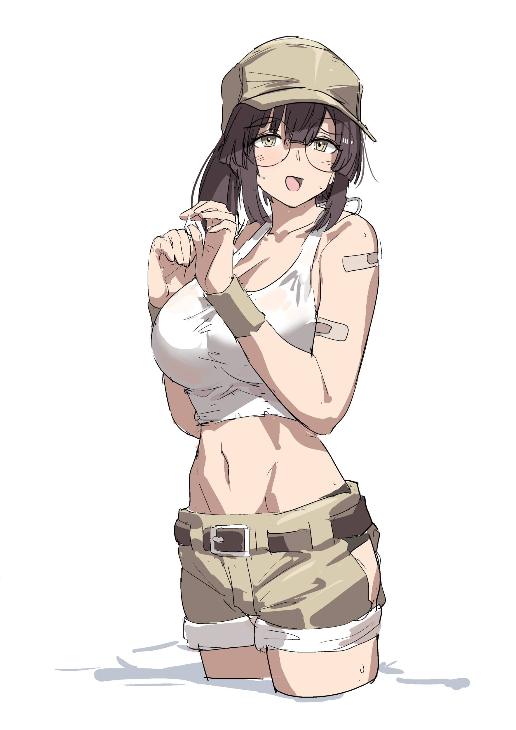 huanxiang huifeng, fio germi, metal slug, absurdres, highres, 1girl, bandaid, bandaid on arm, belt, blush, breasts, brown belt, brown hair, brown hat, brown shorts, cleavage, glasses, hat, large breasts, looking at viewer, midriff, navel, open mouth, short hair, shorts, simple background, solo, thighs, white background, yellow eyes