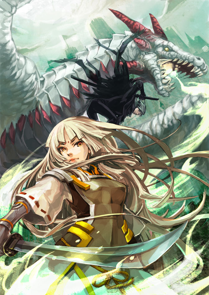 gin (oyoyo), camellia (pixiv fantasia), pixiv fantasia, pixiv fantasia 3, armor, dragon, facial mark, forehead mark, gigandal federation, katana, long hair, solo, sword, weapon, white hair, yellow eyes
