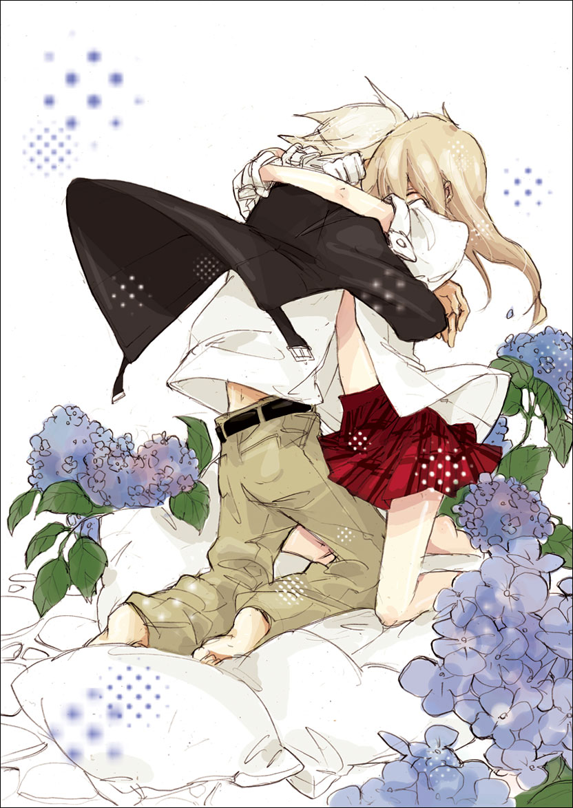 katsura miya, maka albarn, soul evans, soul eater, bad id, bad pixiv id, 00s, 1boy, 1girl, barefoot, flower, hug, kneeling, open clothes, open shirt, pillow, shirt, sketch, skirt