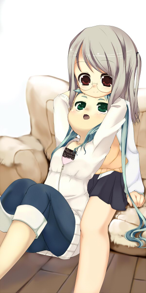 azuki akizuki, havemoon, false island, silver hair, 1girl, :o, black hair, blue hair, brown eyes, female focus, glasses, green eyes, lap pillow, long hair, lying, miniskirt, pleated skirt, sitting, skirt, smile, solo