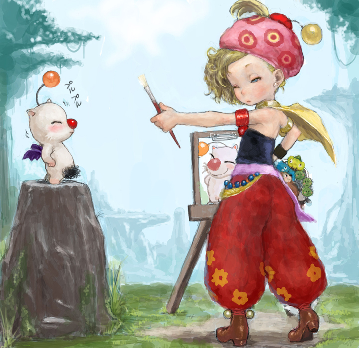 ponsuke (pon00000), moogle, relm arrowny, final fantasy, final fantasy vi, bad id, bad pixiv id, 1990s (style), 1girl, art brush, blonde hair, blush, easel, modeling, paintbrush, painting (action), pubic hair, retro artstyle