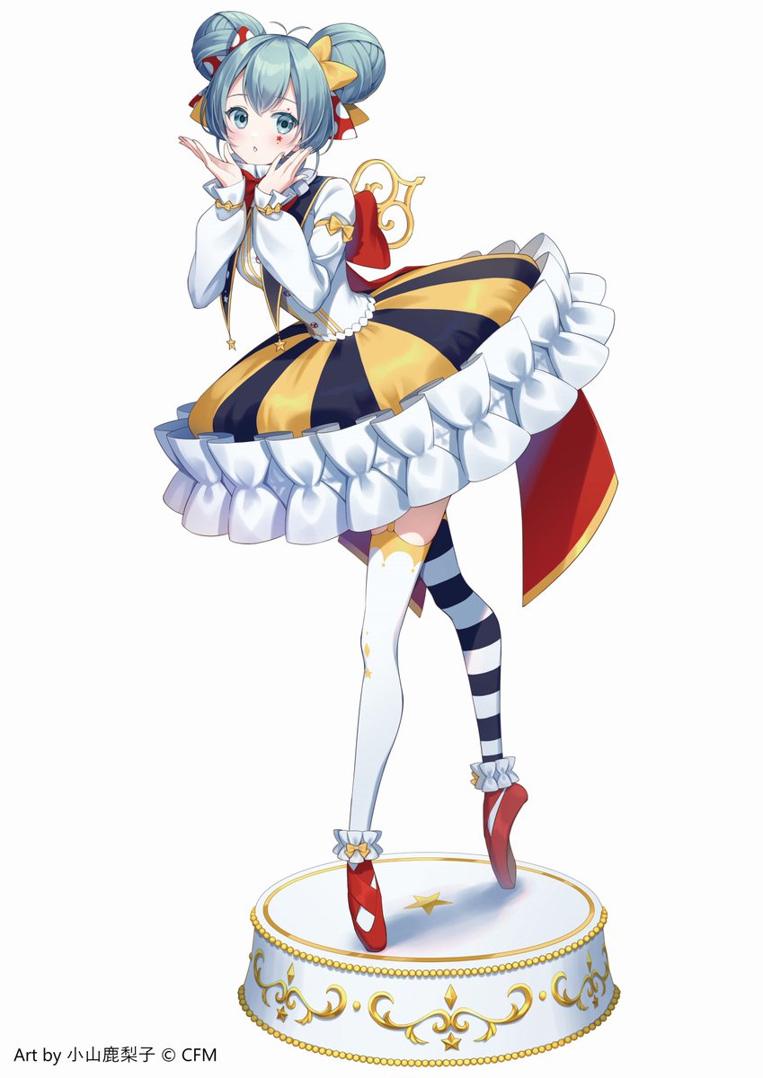 koyama kariko, hatsune miku, vocaloid, commentary, english commentary, figure available, highres, merchandise available, official art, second-party source, 1girl, artist name, asymmetrical legwear, ballet slippers, black thighhighs, blue eyes, blue hair, blush, bow, breasts, company name, copyright notice, double bun, full body, hair bow, hair bun, hatsune miku expo, long sleeves, looking at viewer, mismatched legwear, puffy long sleeves, puffy sleeves, red bow, red shoes, shoes, solo, standing, star (symbol), striped clothes, striped thighhighs, thighhighs, tutu, white background, white thighhighs, winding key, yellow bow