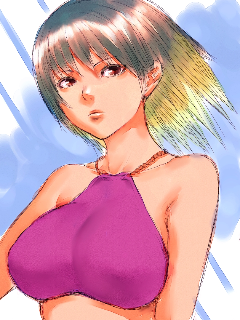 fumio (rsqkr), original, bare shoulders, bikini, brown eyes, multicolored hair, short hair, sketch, solo, swimsuit