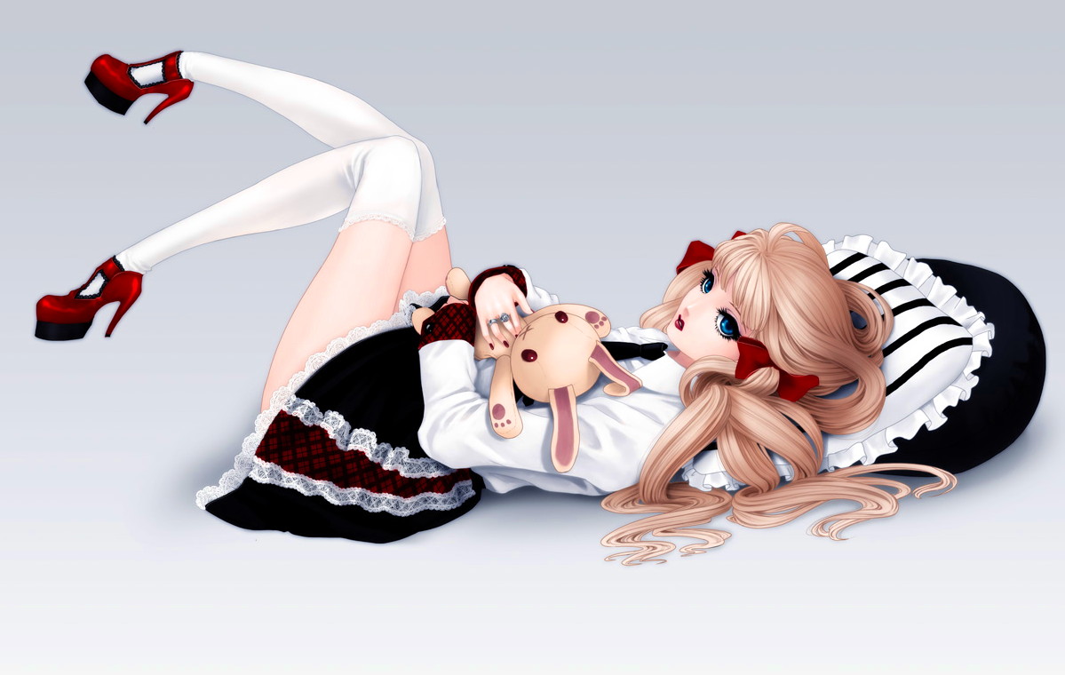 kunishige keiichi, original, lace-trimmed legwear, plaid, md5 mismatch, resolution mismatch, source larger, 1girl, black necktie, blonde hair, blue eyes, female focus, frilled pillow, frills, full body, goth fashion, gothic lolita, gradient background, hair ribbon, high heels, jewelry, knees together feet apart, lace, lace trim, legs, legs up, lips, lipstick, lolita fashion, long hair, lying, makeup, nail polish, necktie, on back, parted lips, pillow, red lips, red nails, red ribbon, red shoes, ribbon, ring, shoes, simple background, solo, stuffed animal, stuffed rabbit, stuffed toy, thighhighs, white thighhighs