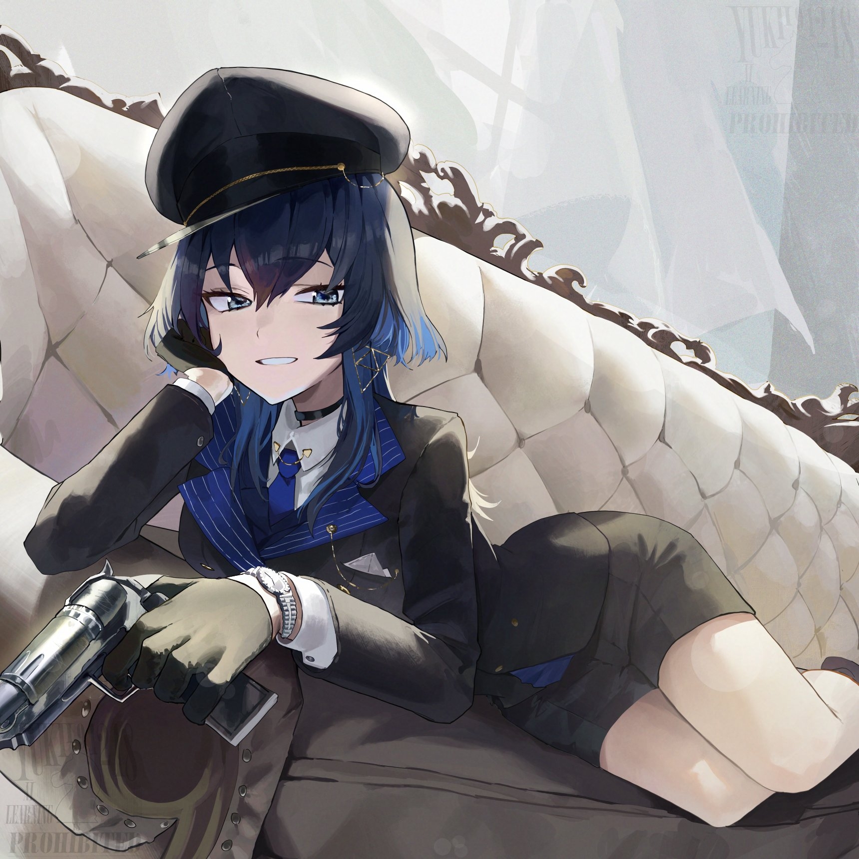 yukii91218, ouro kronii, hololive, hololive english, highres, 1girl, black jacket, blue eyes, blue hair, blue hat, blue jacket, blue necktie, coat, collared shirt, couch, fanged bangs, gloves, gun, handgun, hat, holding, holding gun, holding weapon, indoors, jacket, long hair, long sleeves, looking at viewer, military, military dress uniform, military hat, military jacket, military uniform, necktie, on couch, peaked cap, shirt, smile, virtual youtuber, weapon