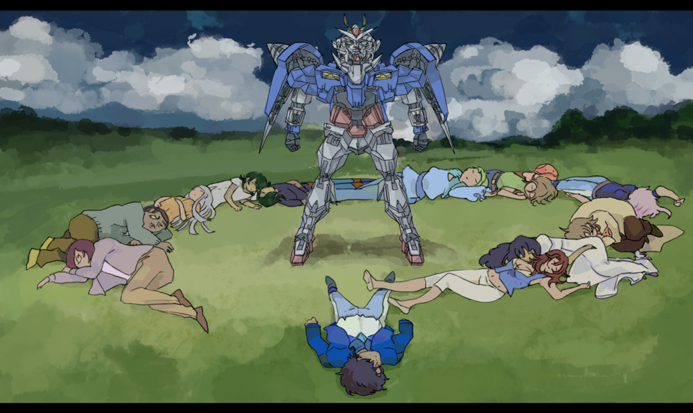 abarabone, 00 gundam, allelujah haptism, anew returner, hallelujah haptism, haro, lockon stratos, lyle dylandy, marina ismail, neil dylandy, ribbons almark, sergei smirnov, setsuna f. seiei, soma peries, sumeragi lee noriega, tieria erde, gundam, gundam 00, mousou dairinin, silver hair, uniform, annotated, bad id, bad pixiv id, character request, 3girls, 6+boys, black hair, brown hair, cardigan, cloud, coat, day, glasses, grass, green hair, innovators (gundam 00), letterboxed, long hair, lying, mecha, multiple boys, multiple girls, parody, purple hair, robot, short hair, sky, sweater, unconscious