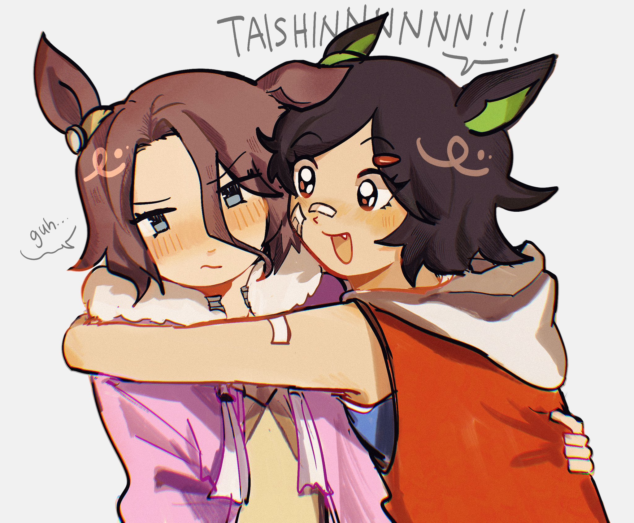 wuzeio, narita taishin (nevertheless) (umamusume), narita taishin (umamusume), winning ticket (get to winning!) (umamusume), winning ticket (umamusume), umamusume, highres, 2girls, animal ears, bandaid, bandaid on arm, bandaid on cheek, bandaid on face, black hair, blue eyes, blush, breasts, brown hair, closed mouth, english text, fang, fur-trimmed jacket, fur trim, hair between eyes, hair ornament, hairclip, hood, hoodie, horse ears, horse girl, hug, jacket, long sleeves, multiple girls, open mouth, pink jacket, red hoodie, red jacket, shirt, short hair, sleeveless, sleeveless jacket, smile, speech bubble, upper body, yellow shirt