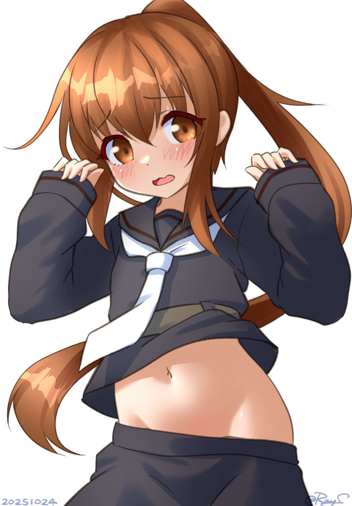 ray.s, fumizuki (kancolle), kantai collection, 1girl, black sailor collar, black serafuku, black shirt, black skirt, blush, brown eyes, brown hair, dated, hair ornament, long hair, long sleeves, navel, neckerchief, necktie, no panties, open mouth, ponytail, sailor collar, school uniform, serafuku, shirt, skirt, smile, solo, twitter username, upper body, white necktie