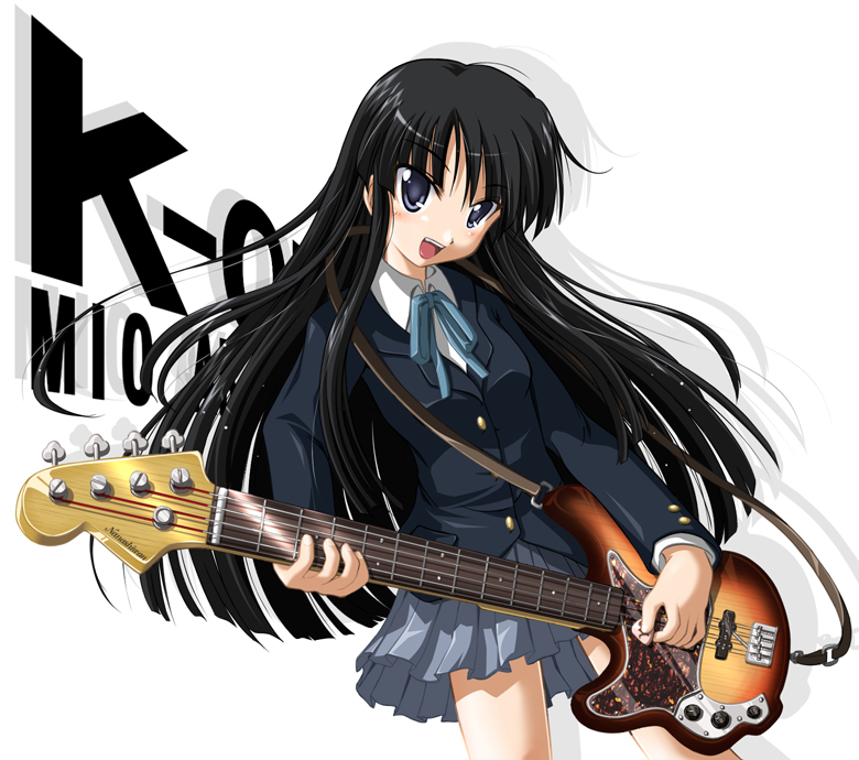 na! (na'mr), akiyama mio, k-on!, 00s, 1girl, bass guitar, black hair, blazer, blue eyes, blunt bangs, female focus, hime cut, instrument, jacket, laughing, long hair, miniskirt, pleated skirt, ribbon, school uniform, skirt, smile, solo