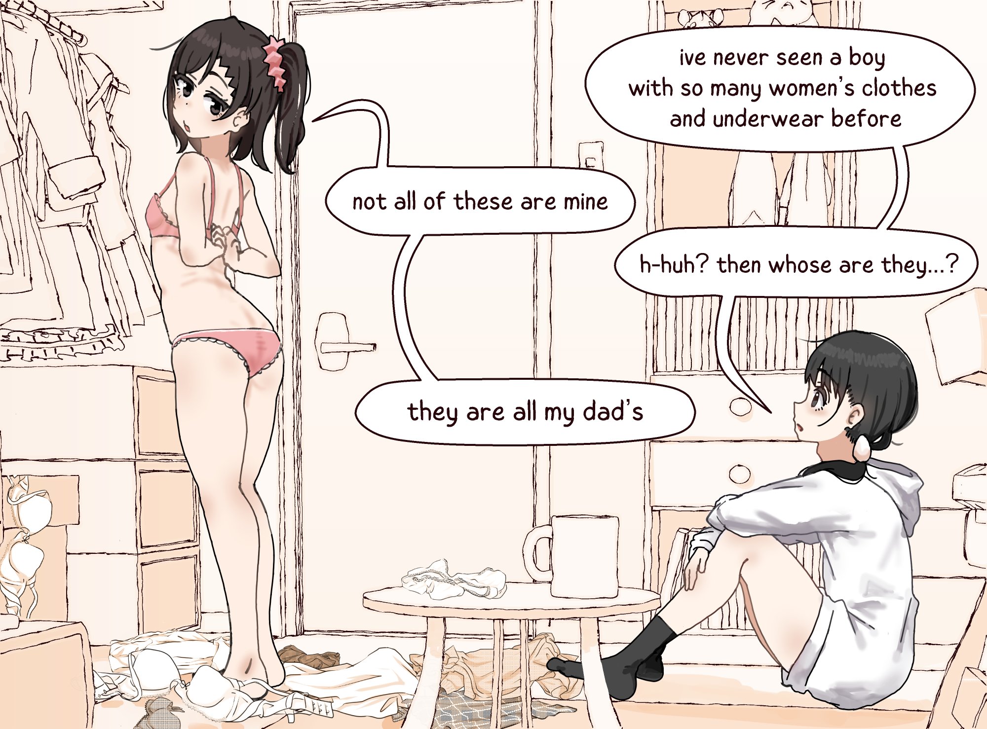 aiu404l, egg (aiu404l), original, highres, 1boy, 1girl, adjusting bra, adjusting clothes, arms behind back, ass, black eyes, black hair, black socks, bra, chest of drawers, closet, coffee mug, crossdressing, crossdressing (mtf), cup, dress, egg hair ornament, english text, food-themed hair ornament, from side, hair ornament, hair scrunchie, ham (aiu404l), hood, hoodie, indoors, knees up, lace, lace-trimmed bra, lace-trimmed panties, lace trim, mug, no shoes, open mouth, panties, pink bra, pink panties, pink scrunchie, scrunchie, side ponytail, sitting, socks, speech bubble, standing, table, trap, underwear, underwear only, unworn clothes, white hoodie