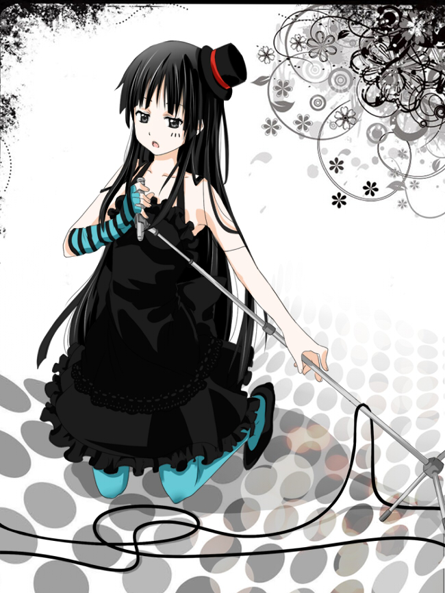 iceky, akiyama mio, don't say "lazy", k-on!, striped, bad id, bad pixiv id, 00s, 1girl, black eyes, black hair, blue pantyhose, blunt bangs, female focus, gloves, hat, hime cut, long hair, microphone, microphone stand, mini hat, mini top hat, pantyhose, single glove, solo, top hat