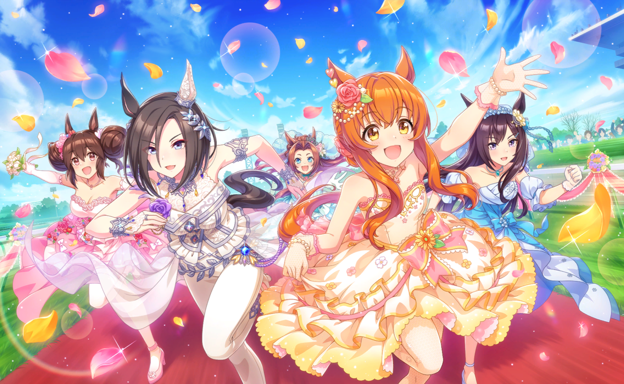 air groove (quercus civilis) (umamusume), air groove (umamusume), hishi akebono (umamusume), hishi akebono (who wants the first bite?) (umamusume), kawakami princess (princess bride) (umamusume), kawakami princess (umamusume), mayano top gun (sunlight bouquet) (umamusume), mayano top gun (umamusume), mejiro dober (my thoughts my desires) (umamusume), mejiro dober (umamusume), umamusume, artist request, game cg, highres, official art, 5girls, animal ear piercing, animal ears, armlet, asymmetrical bangs, audience, bare shoulders, bare tree, bead bracelet, beads, blue bow, blue corset, blue eyes, blue sky, bouquet, bow, bracelet, braid, breasts, bridal gauntlets, bridal veil, bride, brooch, brown hair, bun with braided base, choker, cleavage, cloud, corset, detached sleeves, dot nose, double bun, dress, ear covers, ear ornament, earrings, emphasis lines, eyelashes, eyes visible through hair, floating clothes, floral print, flower, flower brooch, frilled dress, frilled gloves, frilled sleeves, frills, full body, gloves, gown, hair beads, hair between eyes, hair bun, hair flower, hair ornament, hairclip, happy, heart, heart earrings, high heels, holding, holding bouquet, horse ears, horse girl, horse tail, jewelry, knees, lace, lace-trimmed bow, lace-trimmed dress, lace bridal gauntlets, lace choker, lace trim, large breasts, laurel crown, leaf, leg up, light blush, light particles, long hair, long hair between eyes, looking ahead, medium dress, multiple earrings, multiple girls, official alternate costume, open mouth, orange hair, pantyhose, petals, pink bow, pink dress, pink flower, pink rose, pink shoes, print dress, puffy short sleeves, puffy sleeves, purple flower, purple rose, racing, red carpet, ring, rose, rose petals, running, shoes, short hair with long locks, short sleeves, showgirl skirt, single ear cover, single hair bun, skirt hold, sky, sleeveless, sleeveless dress, smile, sparkle, strapless, strapless dress, sunflower, tail, tareme, track and field, tree, tsurime, veil, very long hair, waist bow, waving, white bridal gauntlets, white choker, white dress, white gloves, white pantyhose, white sleeves, white veil, yellow dress, yellow eyes, yellow flower