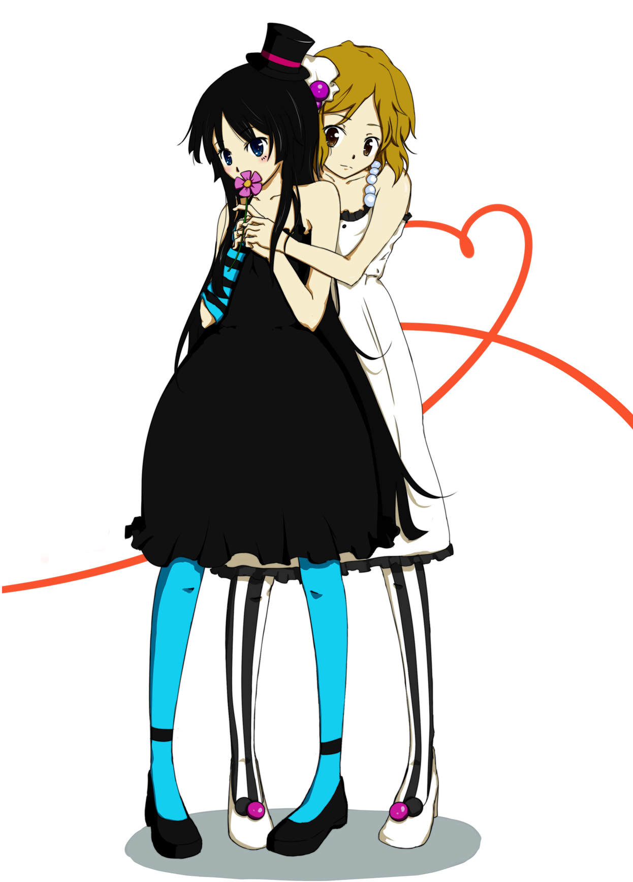 kanisan, kanisan lily, akiyama mio, hirasawa yui, don't say "lazy", k-on!, striped legwear, vertical-striped legwear, highres, 00s, 2girls, black hair, blue eyes, blue pantyhose, blunt bangs, brown eyes, brown hair, dress, flower, gloves, hat, hime cut, hug, long hair, mini hat, mini top hat, multiple girls, pantyhose, short hair, striped clothes, striped gloves, striped pantyhose, top hat, vertical-striped clothes, vertical-striped pantyhose