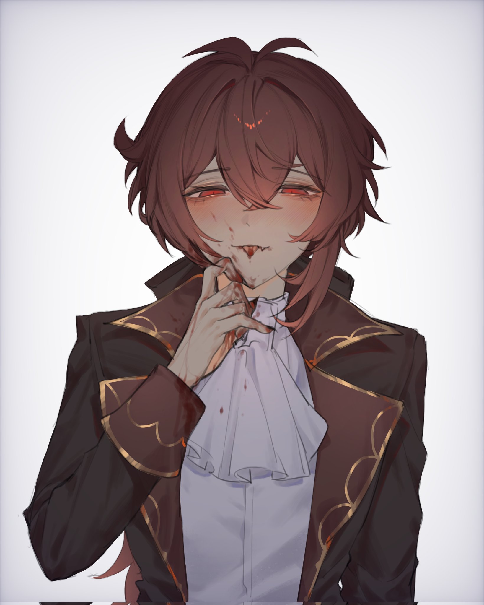 zehuij, diluc (genshin impact), genshin impact, highres, …, 1boy, blood, blood on clothes, blood on face, blood on hands, blood on tongue, blush, closed mouth, fang, hair between eyes, long sleeves, looking at viewer, male focus, red eyes, red hair, simple background, skin fang, solo, spoken ellipsis, tongue, tongue out, upper body