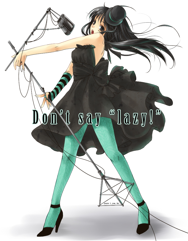 senri (nazerine), akiyama mio, don't say "lazy", k-on!, striped, 00s, 1girl, black eyes, black hair, blue pantyhose, blunt bangs, dress, facepaint, female focus, hat, high heels, hime cut, microphone, microphone stand, mini hat, mini top hat, pantyhose, shoes, solo, top hat