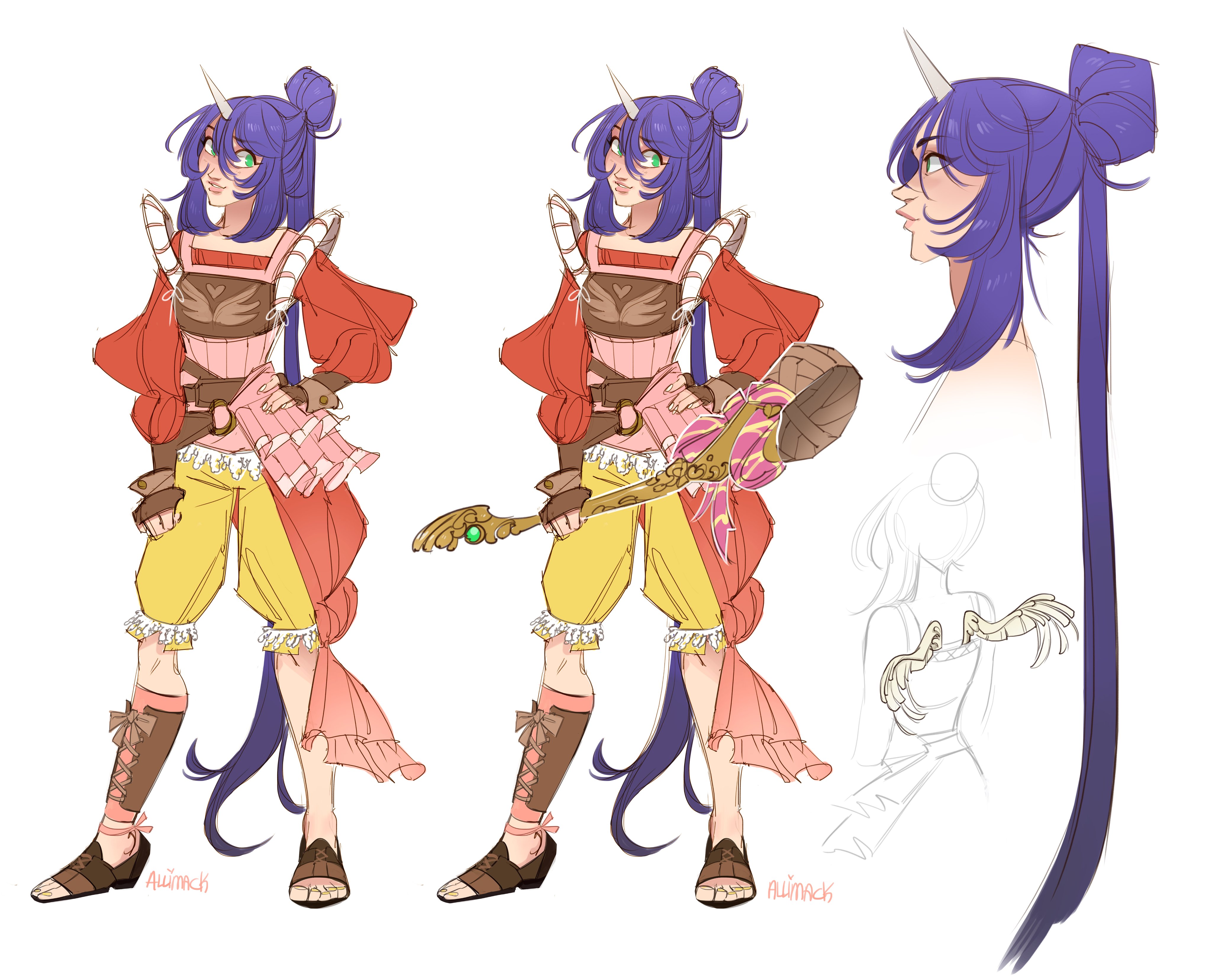 skirtzzz, eiko carol, final fantasy, final fantasy ix, absurdres, highres, 1girl, aged up, alternate costume, armor, asymmetrical legwear, blue hair, breasts, brown gloves, brown shoes, fingerless gloves, full body, gloves, green eyes, hair between eyes, hair bun, half updo, hand on own hip, holding, holding weapon, horns, leather armor, long hair, medium breasts, mini wings, multiple views, open-toe shoes, pants, parted lips, pink shirt, profile, red shirt, shirt, shirt under shirt, shoes, sidelocks, single horn, solo, standing, weapon, white background, wings, yellow pants