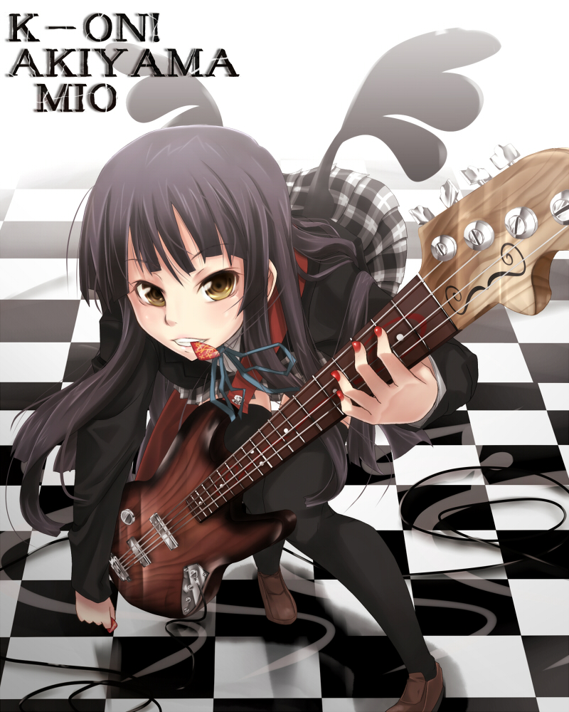 arkas, akiyama mio, k-on!, 00s, 1girl, bass guitar, black hair, blunt bangs, female focus, hime cut, instrument, long hair, mouth hold, nail polish, plaid clothes, plaid skirt, red nails, school uniform, skirt, solo, thighhighs