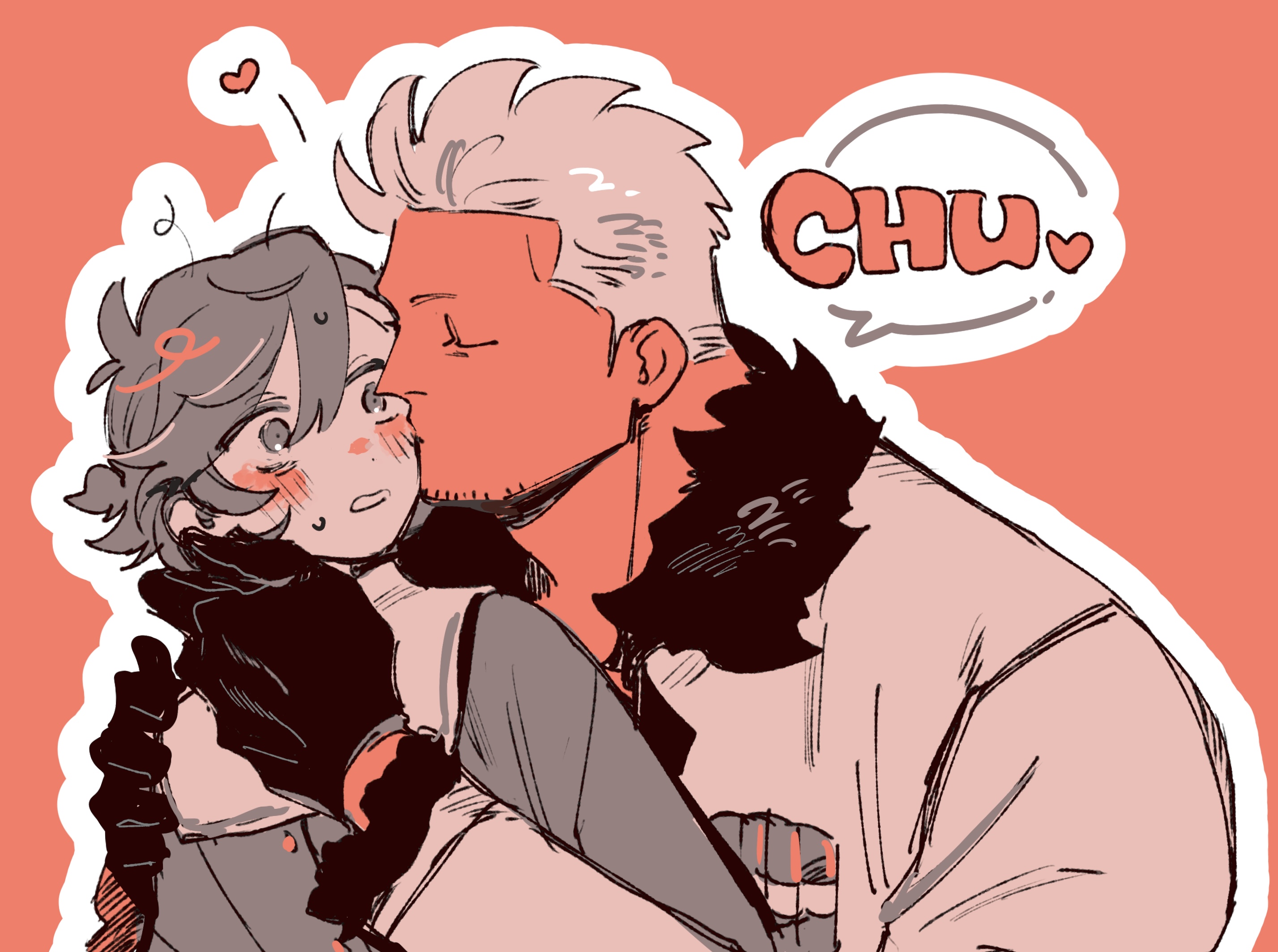 kabane (rjev8385), smoker (one piece), one piece, original, commentary request, highres, 1boy, 1girl, antenna hair, black gloves, blush, closed eyes, couple, dot nose, facial hair, fur-trimmed jacket, fur-trimmed sleeves, fur trim, gloves, goatee stubble, hair between eyes, heart, hetero, jacket, kiss, kissing cheek, long sleeves, looking at another, loose hair strand, oc x canon, outline, partially colored, profile, red background, sailor collar, shirt, short hair, simple background, speech bubble, spoken heart, stubble, sweatdrop, swept bangs, upper body, white hair, white outline