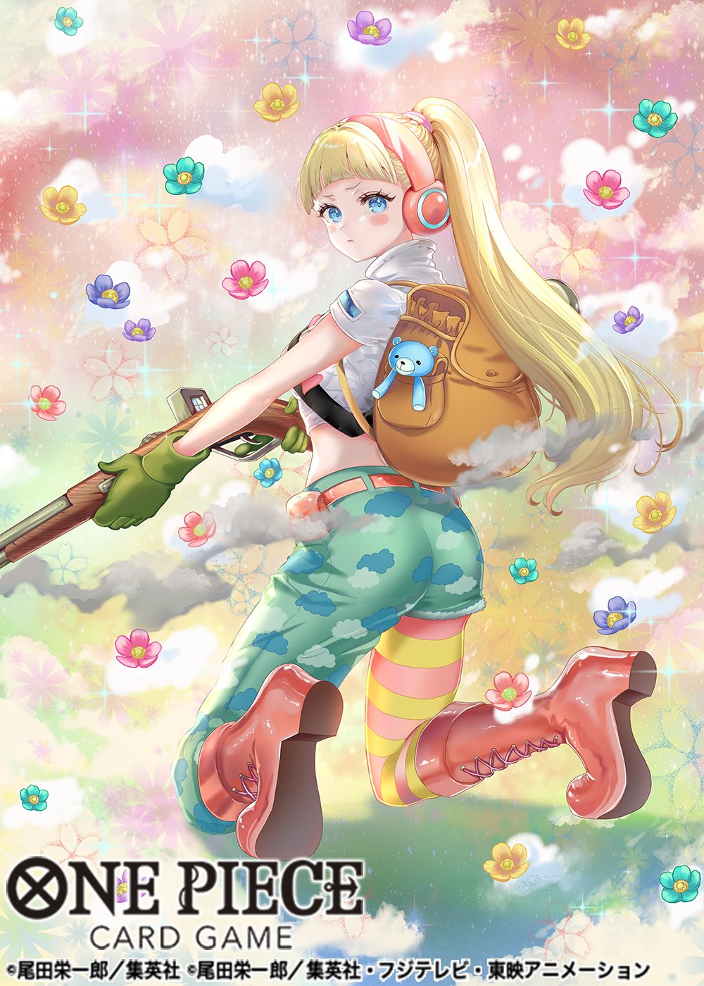 pisuke, hibari (one piece), one piece, one piece card game, commentary request, highres, official art, 1girl, backpack, bag, blonde hair, blue eyes, blunt bangs, blush stickers, boots, closed mouth, copyright name, eyelashes, flower, gloves, green gloves, gun, headphones, holding, holding gun, holding weapon, kneeling, looking back, pantyhose, ponytail, short sleeves, smoke, solo, sparkle, striped clothes, striped pantyhose, stuffed animal, stuffed toy, teddy bear, weapon