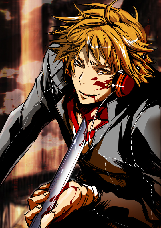kotobuki toro, hanamura yousuke, atlus, persona, persona 4, bad id, bad pixiv id, 1boy, bad end, blood, brown eyes, brown hair, glasses, headphones, injury, male focus, school uniform, short hair, solo, sword, weapon
