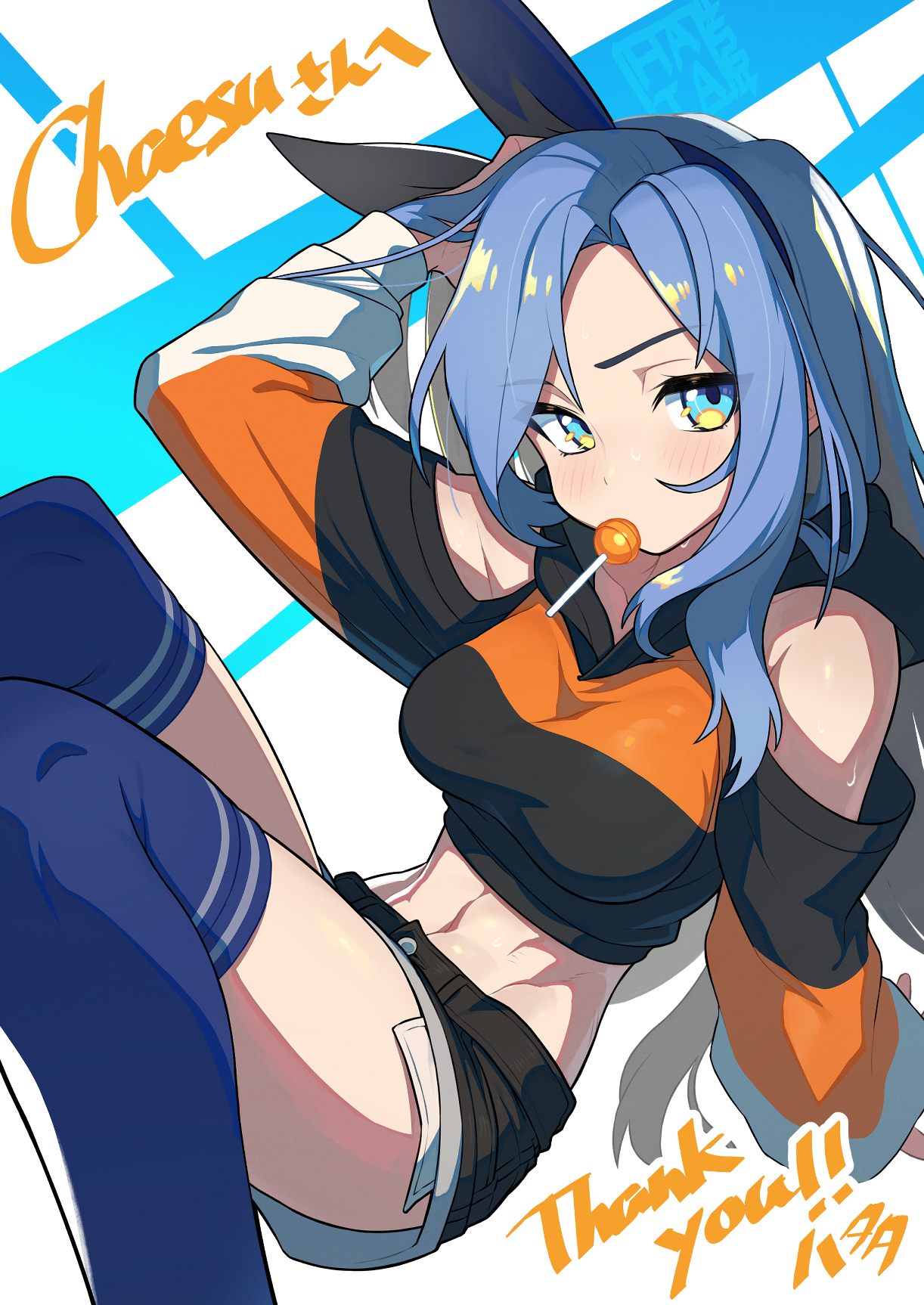 hata4564, bae minah (chaesu), original, commission, highres, skeb commission, 1girl, arm up, black shorts, black sweater, blue eyes, blue hair, blue hairband, blue thighhighs, bow hairband, breasts, candy, clothing cutout, crop top, cropped sweater, exposed pocket, food, hairband, hood, hood down, hooded sweater, lollipop, lollipop in mouth, long hair, looking at viewer, medium breasts, midriff, mouth hold, orange sweater, scratching head, short shorts, shorts, shoulder cutout, solo, sweater, thighhighs
