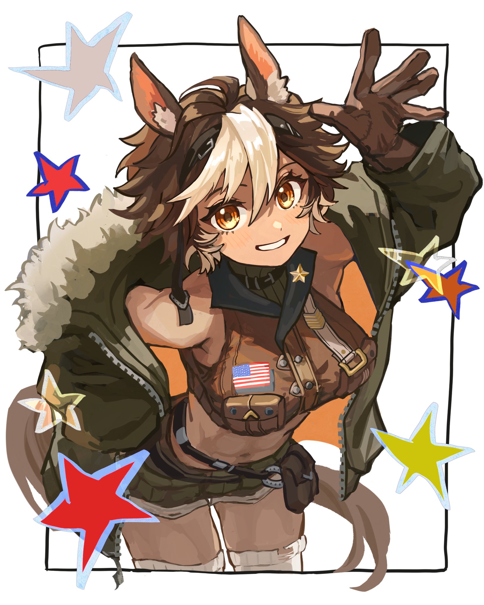 tomoe umari, indie virtual youtuber, highres, second-party source, 1girl, ahoge, american flag, animal ears, breasts, brown eyes, brown hair, buttons, fujinoto, hair between eyes, horse ears, horse girl, horse tail, jacket, leaning forward, multicolored hair, navel, open clothes, open jacket, smile, solo, star (symbol), star in eye, symbol in eye, tail, thighhighs, two-tone hair, virtual youtuber, white hair, white thighhighs, zipper