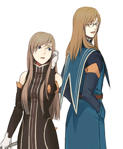 mitsugo, jade curtiss, tear grants, tales of (series), tales of the abyss, bad id, bad pixiv id, 00s, 1boy, 1girl, blue eyes, brown hair, glasses, gloves, long hair, smile, staff
