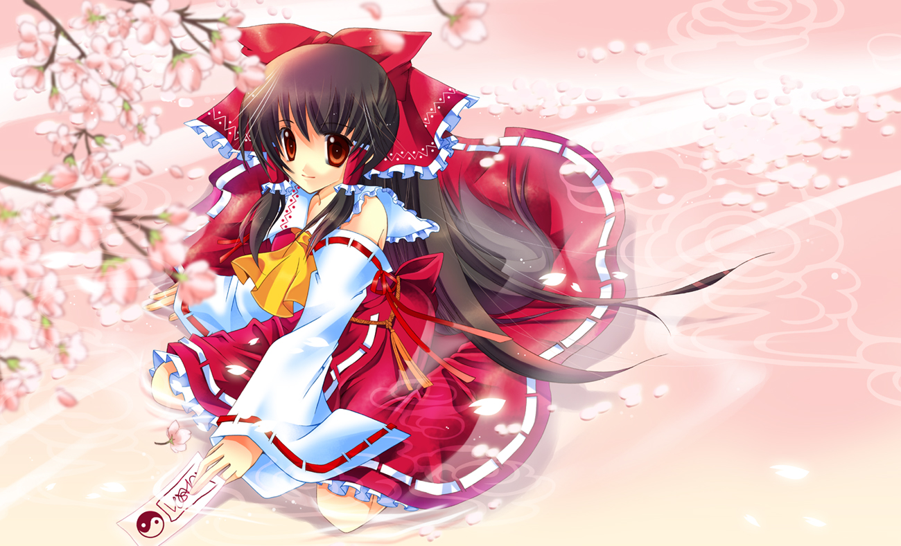 mineko, hakurei reimu, touhou, bad id, bad pixiv id, 1girl, brown eyes, brown hair, detached sleeves, female focus, japanese clothes, miko, solo