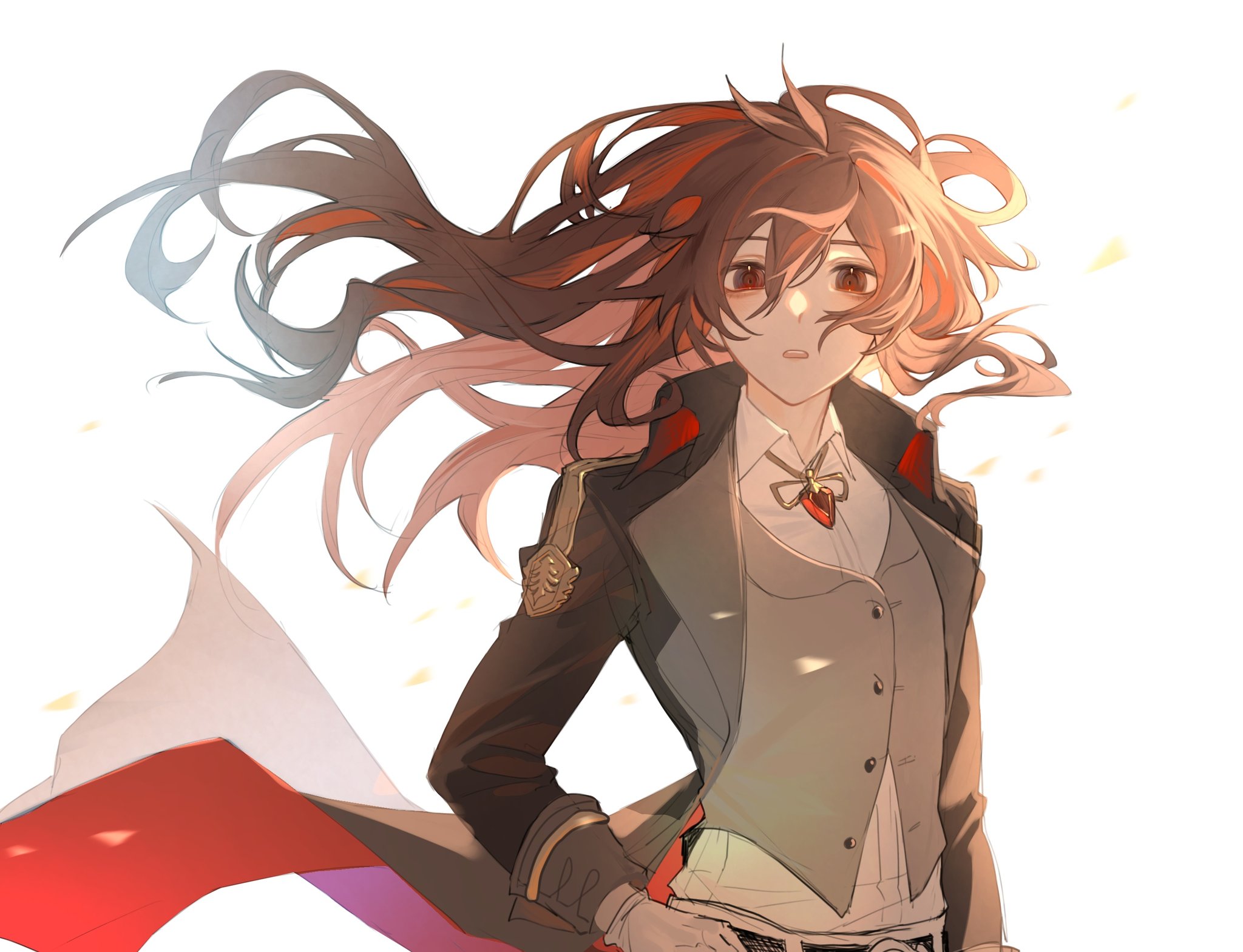 zehuij, diluc (genshin impact), genshin impact, commentary, hashtag-only commentary, highres, 1boy, buttons, floating clothes, floating hair, girly boy, gloves, hair between eyes, hair undone, long hair, long sleeves, looking at viewer, male focus, open mouth, partially unbuttoned, red eyes, red hair, simple background, solo, teeth, upper body, upper teeth only, white background, white gloves