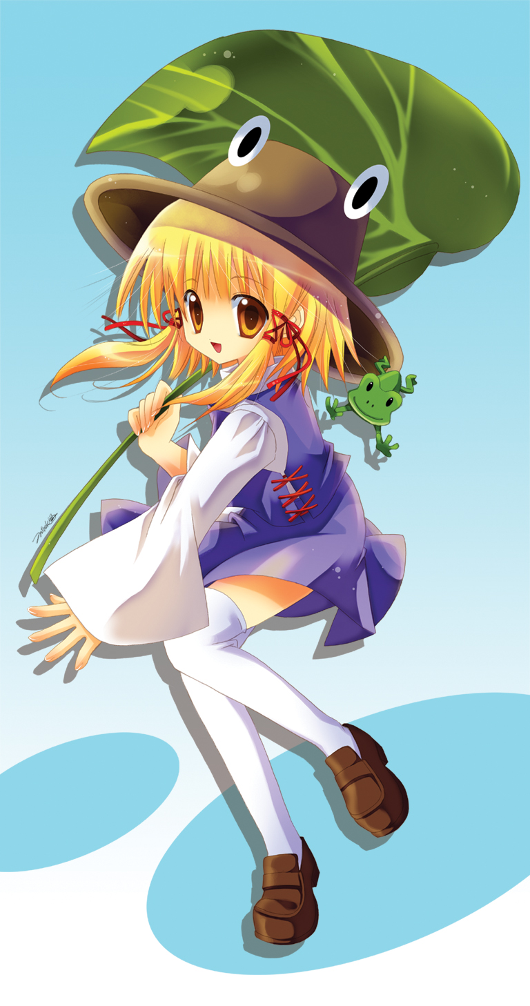 mineko, moriya suwako, touhou, highres, 1girl, child, female focus, full body, hat, plant, solo, thighhighs