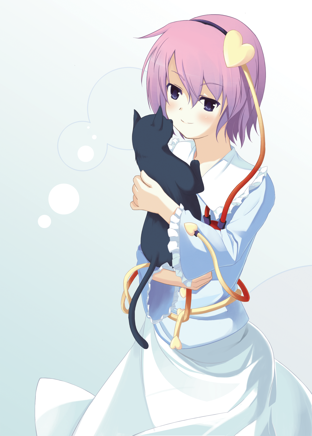 tohya, tooya (tsuyukusa), kaenbyou rin, kaenbyou rin (cat), komeiji satori, touhou, bad id, bad pixiv id, highres, 1girl, blue eyes, cat, female focus, gradient background, headpat, heart, hug, pink hair, short hair, solo, standing, white background