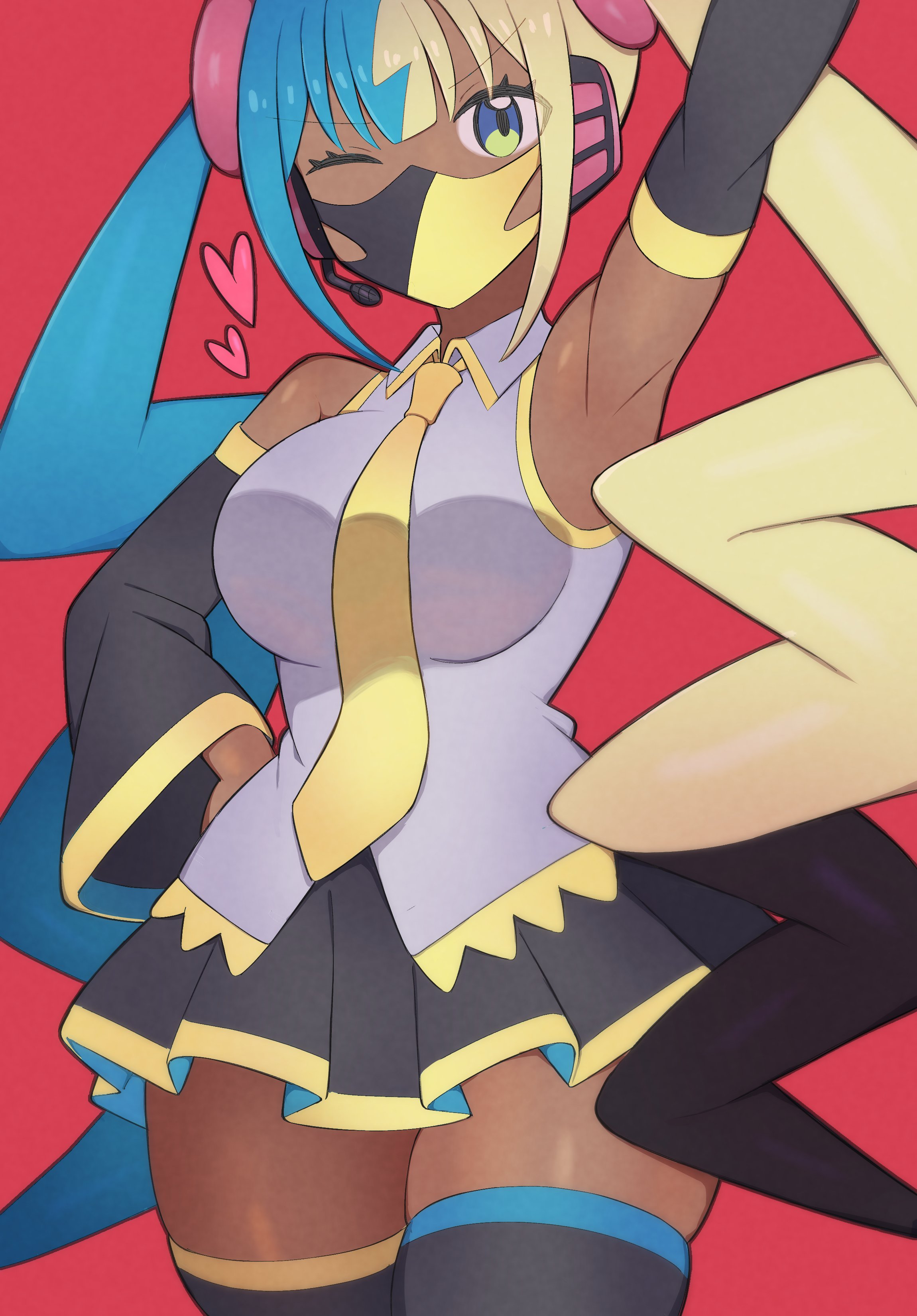 nishitin, canari (pokemon), hatsune miku, nintendo, pokemon, pokemon legends: z-a, vocaloid, absurdres, highres, 1girl, alternate color, alternate hair length, alternate hairstyle, arm up, armpits, black hair, black mask, black skirt, black sleeves, black thighhighs, blonde hair, blue hair, breasts, cosplay, dark-skinned female, dark skin, detached sleeves, green eyes, hand on own hip, hatsune miku (cosplay), headset, heart, large breasts, long hair, looking at viewer, mask, mouth mask, multicolored hair, necktie, red background, simple background, skirt, solo, thighhighs, thighs, twintails, two-tone mask, yellow mask, yellow necktie, zettai ryouiki