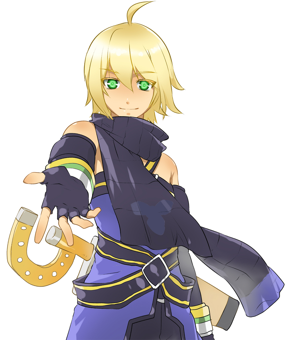 deyezi, emil castagnier, tales of (series), tales of symphonia, tales of symphonia: dawn of the new world, bad id, bad pixiv id, 00s, 1boy, blonde hair, gloves, green eyes, male focus, scarf, sheath, smile, solo, sword, weapon