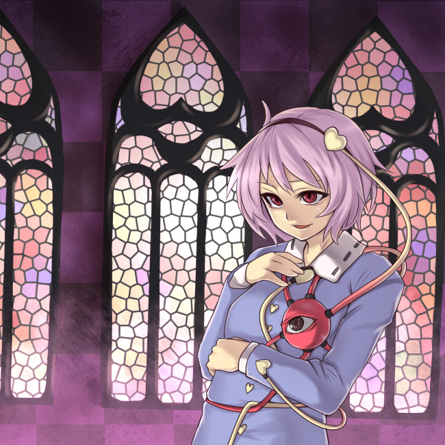 houtengeki, komeiji satori, touhou, 1girl, chireiden, evil smile, female focus, hairband, heart, pink eyes, pink hair, red eyes, short hair, smile, solo, stained glass, third eye, upper body, window