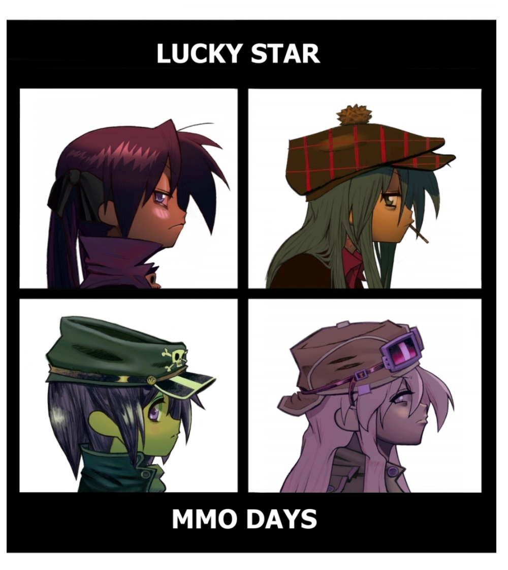 hiiragi kagami, hiiragi tsukasa, izumi konata, takara miyuki, demon days (gorillaz), gorillaz, lucky star, plaid headwear, artist request, derivative work, source request, 4girls, album cover, album cover redraw, blue eyes, blue hair, cover, fake cover, food, goggles, hair ribbon, hat, long hair, looking back, multiple girls, parody, plaid clothes, pocky, purple eyes, purple hair, ribbon, short hair, siblings, sisters, twins