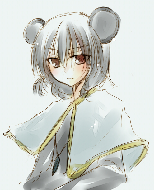 kajiyama, nazrin, touhou, bad id, bad pixiv id, 1girl, animal ears, capelet, female focus, grey background, grey hair, red eyes, solo, upper body