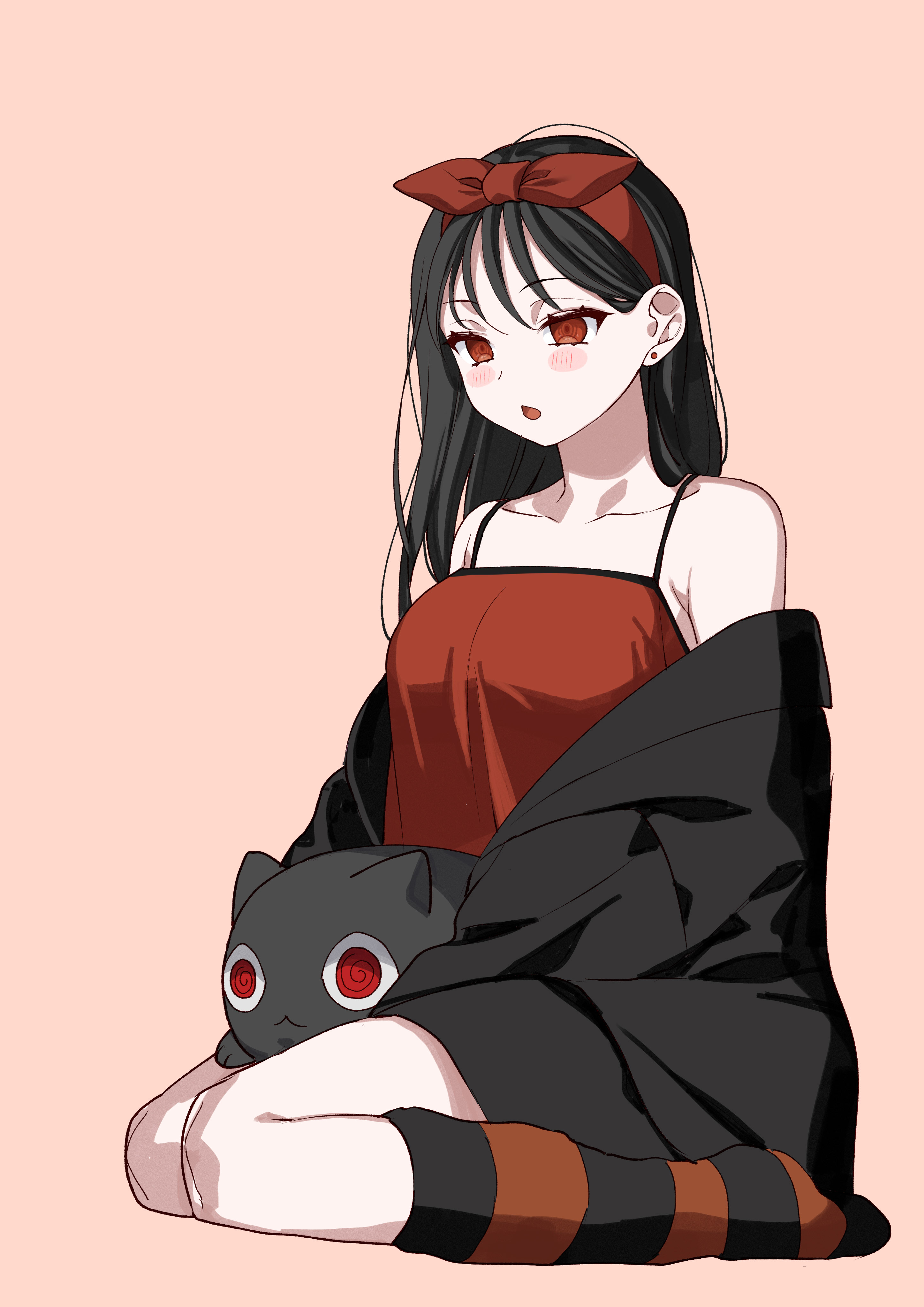 ryon (ryonhei), chihara mai, jirai nan desu ka? chihara-san, absurdres, commentary request, highres, 1girl, bare shoulders, black hair, black jacket, breasts, camisole, collarbone, earrings, full body, hair ribbon, jacket, jewelry, large breasts, light blush, long hair, no shoes, off shoulder, open mouth, orange background, red camisole, red eyes, red ribbon, ribbon, simple background, sitting, socks, solo, striped clothes, striped socks, stuffed animal, stuffed cat, stuffed toy, wariza