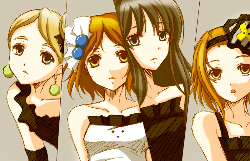 okumoto yuuta, akiyama mio, hirasawa yui, kotobuki tsumugi, tainaka ritsu, don't say "lazy", k-on!, 00s, 4girls, black hair, blonde hair, brown hair, hairband, hime cut, ho-kago tea time, long hair, multiple girls, short hair