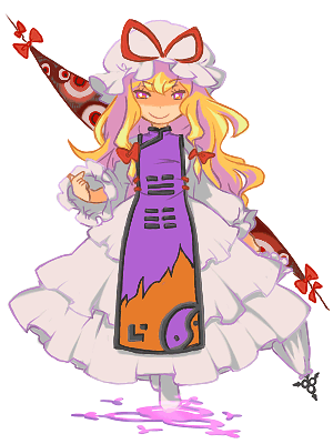 noko351, yakumo yukari, touhou, lowres, 1girl, blonde hair, dress, female focus, full body, gap (touhou), hair ribbon, hat, long hair, purple eyes, ribbon, solo, umbrella, white background