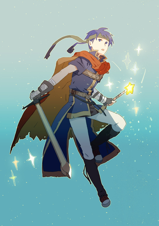 uichi, ike (fire emblem), fire emblem, fire emblem: path of radiance, fire emblem: radiant dawn, nintendo, super smash bros., blue eyes, blue hair, cape, full body, gloves, headband, holding, holding sword, holding weapon, male focus, rod, solo, sword, weapon